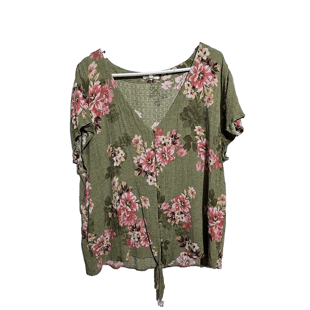 Maurices Green Floral Tie Front Gauze Button Up Short Sleeve Top Womans Size 2XL